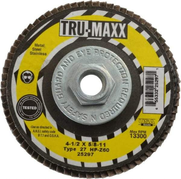 Tru-Maxx - 60 Grit, 4-1/2" Disc Diam, 5/8-11 Center Hole, Type 27 Zirconia Alumina Flap Disc - 13,300 Max RPM, Arbor Attaching System, Coated - Caliber Tooling