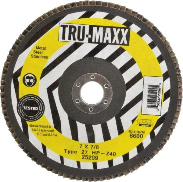 Tru-Maxx - 40 Grit, 7" Disc Diam, 7/8" Center Hole, Type 27 Zirconia Alumina Flap Disc - 8,600 Max RPM, Arbor Attaching System, Coated - Caliber Tooling