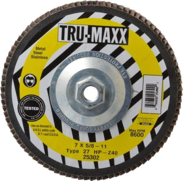 Tru-Maxx - 40 Grit, 7" Disc Diam, 5/8-11 Center Hole, Type 27 Zirconia Alumina Flap Disc - 8,600 Max RPM, Arbor Attaching System, Coated - Caliber Tooling