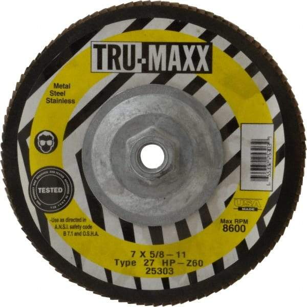 Tru-Maxx - 60 Grit, 7" Disc Diam, 5/8-11 Center Hole, Type 27 Zirconia Alumina Flap Disc - 8,600 Max RPM, Arbor Attaching System, Coated - Caliber Tooling