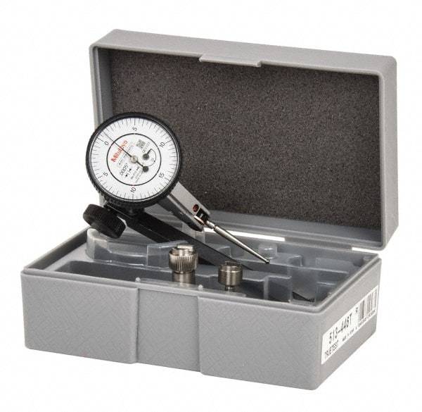 Mitutoyo - 9 Piece, 0" to 0.06" Measuring Range, 40mm Dial Diam, 0-15-0 Dial Reading, White Dial Test Indicator Kit - 0.0005" Accuracy, 1.33" Contact Point Length, 0.039, 0.079 & 0.118" Ball Diam, 0.0005" Dial Graduation - Caliber Tooling