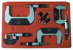 Value Collection - 0 to 75mm Range, 3 Piece Mechanical Outside Micrometer Set - 0.01mm Graduation, 0.000160, 0.000200 Accuracy, Ratchet Stop Thimble, Carbide Tipped, Forged Steel (Frame) Face - Caliber Tooling