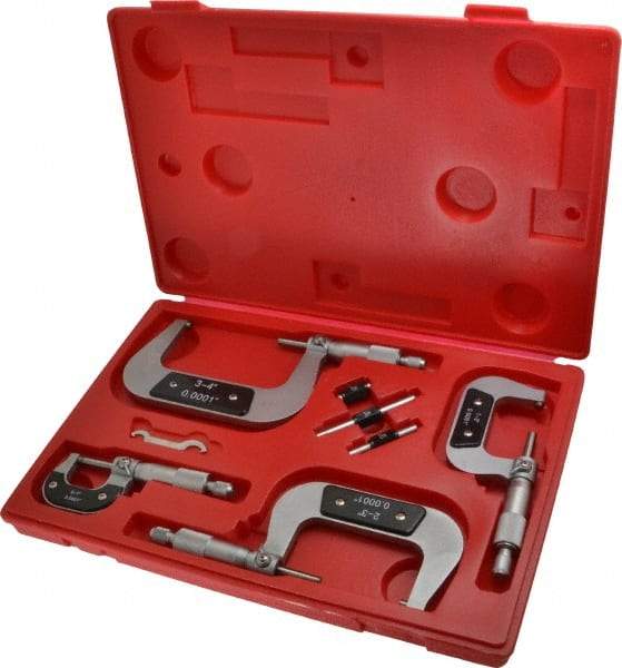 Value Collection - 0 to 4" Range, 4 Piece Mechanical Outside Micrometer Set - 0.0001" Graduation, 0.000160, 0.000200 Accuracy, Ratchet Stop Thimble, Carbide Tipped, Forged Steel (Frame) Face - Caliber Tooling