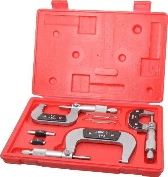 Value Collection - 0 to 3" Range, 3 Piece Mechanical Outside Micrometer Set - 0.0001" Graduation, 0.000160, 0.000200 Accuracy, Ratchet Stop Thimble, Carbide Tipped, Forged Steel (Frame) Face - Caliber Tooling