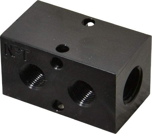 Made in USA - 1/4" Inlet, 1/8" Outlet Manifold - 1-3/4" Long x 1" Wide x 1" High, 0.17" Mount Hole, 2 Inlet Ports, 2 Outlet Ports - Caliber Tooling