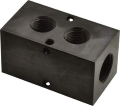 Made in USA - 1/2" Inlet, 3/8" Outlet Manifold - 2-3/4" Long x 1-1/2" Wide x 1-1/2" High, 0.2" Mount Hole, 2 Inlet Ports, 2 Outlet Ports - Caliber Tooling