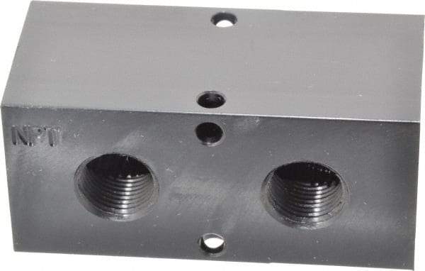 Made in USA - 1/2" Inlet, 3/8" Outlet Manifold - 3-1/4" Long x 1-1/2" Wide x 1-1/2" High, 0.2" Mount Hole, 2 Inlet Ports, 2 Outlet Ports - Caliber Tooling