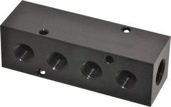 Made in USA - 3/8" Inlet, 1/4" Outlet Manifold - 4.12" Long x 1-1/4" Wide x 1-1/4" High, 0.2" Mount Hole, 2 Inlet Ports, 4 Outlet Ports - Caliber Tooling