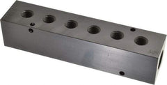 Made in USA - 1/2" Inlet, 1/4" Outlet Manifold - 6-3/4" Long x 1-1/2" Wide x 1-1/2" High, 0.2" Mount Hole, 2 Inlet Ports, 6 Outlet Ports - Caliber Tooling