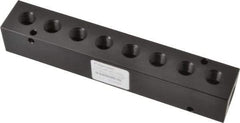 Made in USA - 3/8" Inlet, 1/4" Outlet Manifold - 7.62" Long x 1-1/4" Wide x 1-1/4" High, 0.2" Mount Hole, 2 Inlet Ports, 8 Outlet Ports - Caliber Tooling