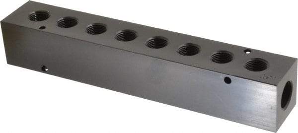 Made in USA - 1/2" Inlet, 3/8" Outlet Manifold - 8-3/4" Long x 1-1/2" Wide x 1-1/2" High, 0.2" Mount Hole, 2 Inlet Ports, 8 Outlet Ports - Caliber Tooling