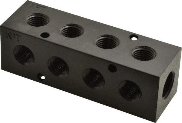 Made in USA - 3/8" Inlet, 1/4" Outlet Manifold - 4.12" Long x 1-1/4" Wide x 1-1/4" High, 0.2" Mount Hole, 2 Inlet Ports, 4 Outlet Ports - Caliber Tooling