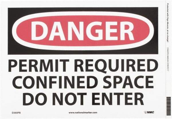 NMC - "Danger - Permit Required - Confined Space - Do Not Enter", 10" Long x 14" Wide, Pressure-Sensitive Vinyl Safety Sign - Rectangle, 0.004" Thick, Use for Accident Prevention - Caliber Tooling