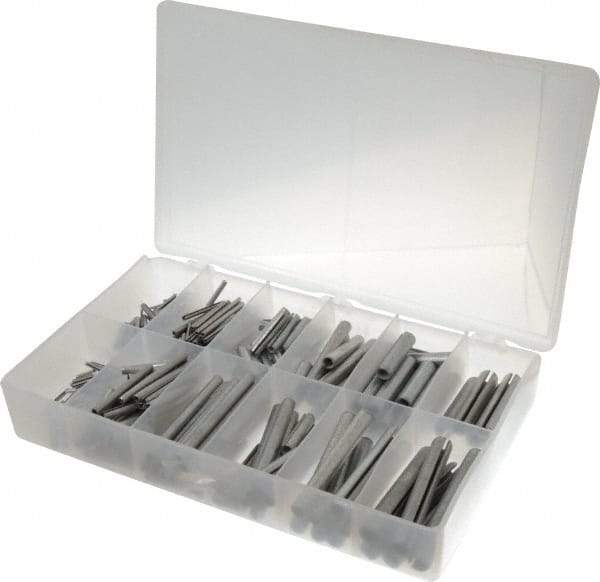 Made in USA - 500 Piece, 1/16 to 7/16" Pin Diam, Spring Pin Assortment - Zinc, Zinc Plated - Caliber Tooling