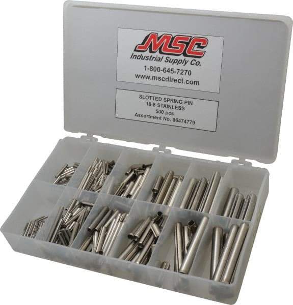 Made in USA - 500 Piece, 1/16 to 7/16" Pin Diam, Spring Pin Assortment - 18-8 Stainless Steel - Caliber Tooling