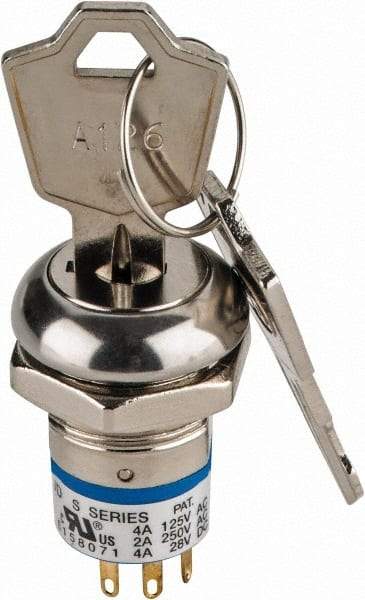 GC/Waldom - 4 Amp at 125 Volt, DPDT, 4 Tumbler Key Switch with Detent - Solder Terminal, 0.76 Inch Mount Hole Diameter, 0.931 Inch Cylinder Length, On-On Sequence - Caliber Tooling