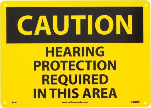 NMC - "Caution - Hearing Protection Required in This Area", 10" Long x 14" Wide, Rigid Plastic Safety Sign - Rectangle, 0.05" Thick, Use for Accident Prevention - Caliber Tooling