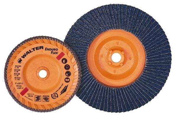 WALTER Surface Technologies - 4-1/2 Inch Diameter x 5/8-11 Threaded Hole Coated Zirconia Alumina Flap Disc - 120 Grit, 13,300 Max RPM, Fine Grade - Caliber Tooling