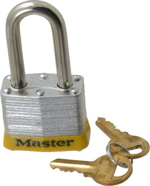 Master Lock - Keyed Alike Retaining Key Conductive Lockout Padlock - 1-1/2" Shackle Clearance, 9/32" Shackle Diam, 1-1/4" Body Height x 1-9/16" Body Width, Yellow, 4 Pins - Caliber Tooling