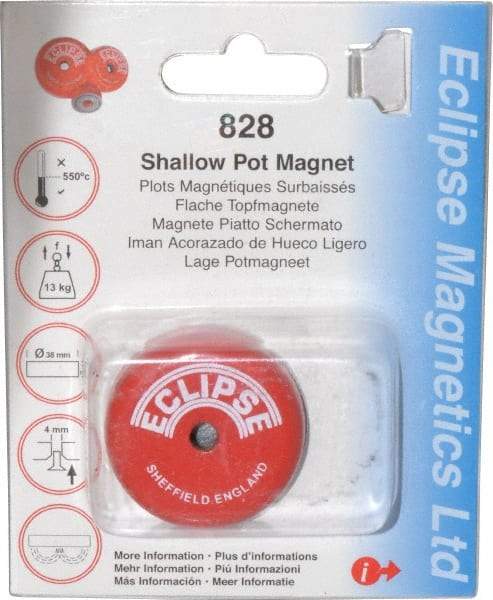 Eclipse - 1-1/2" Diam, 28.5 Lb Average Pull Force, Mild Steel, Alnico Pot Magnets - 0.339" Countersunk Hole, 220°C Max Operating Temp, 0.407" High, Grade 5 Alnico - Caliber Tooling