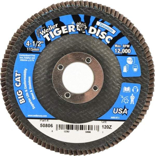 Weiler - 120 Grit, 4-1/2" Disc Diam, 7/8" Center Hole, Type 27 Zirconia Alumina Flap Disc - 12,000 Max RPM, Phenolic Backing, Arbor Attaching System, Coated - Caliber Tooling