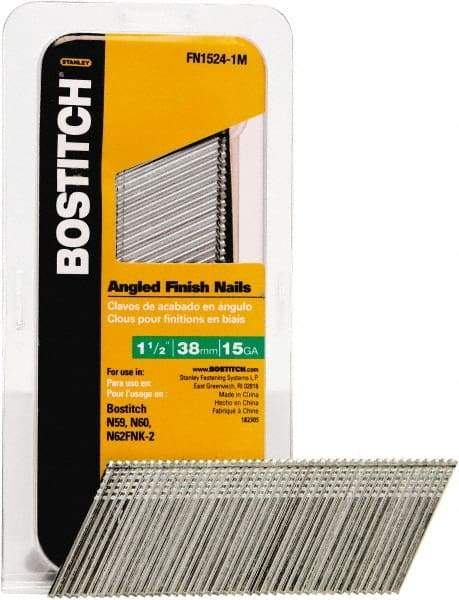 Stanley Bostitch - 15 Gauge 0.07" Shank Diam 1-1/2" Long Finishing Nails for Power Nailers - Steel, Bright Finish, Smooth Shank, Angled Stick Adhesive Collation, Round Head, Chisel Point - Caliber Tooling