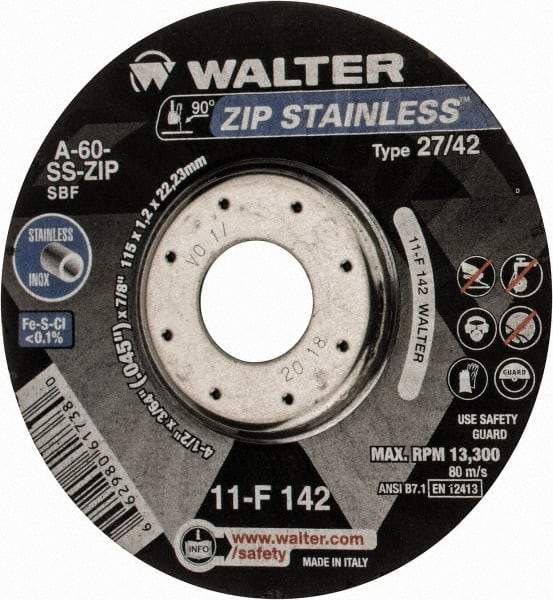 WALTER Surface Technologies - 60 Grit, 4-1/2" Wheel Diam, 3/64" Wheel Thickness, 7/8" Arbor Hole, Type 27 Depressed Center Wheel - Aluminum Oxide, Resinoid Bond, 13,300 Max RPM - Caliber Tooling