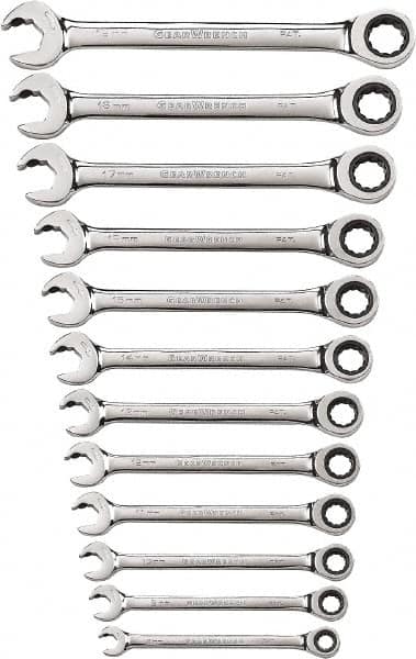 GearWrench - 12 Piece, 8mm to 19mm, 12 Point Ratcheting Combination Wrench Set - Metric Measurement Standard, Chrome Finish - Caliber Tooling