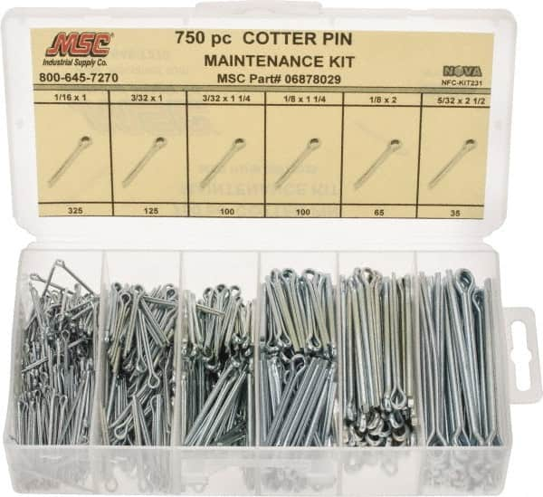 Value Collection - 750 Piece, 1/16 to 5/32" Pin Diam, Cotter Pin Assortment - 1 to 2-1/2" Long, Steel - Caliber Tooling