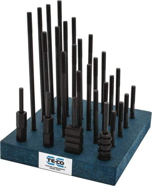 TE-CO - 38 Piece, 5/16-18 Stud, 3/8" T Slot, T Nut & Stud Kit - 5/8" T-Slot Nut Width, 3, 4, 5, 6, 7, 8" Stud Lengths - Caliber Tooling