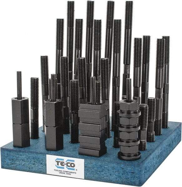 TE-CO - 38 Piece, 1/2-13 Stud, 9/16" T Slot, T Nut & Stud Kit - 7/8" T-Slot Nut Width, 3, 4, 5, 6, 7, 8" Stud Lengths - Caliber Tooling