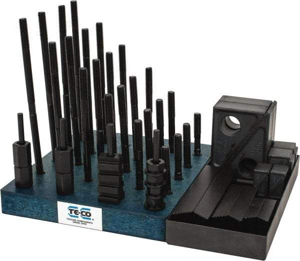 TE-CO - 50 Piece Fixturing Step Block & Clamp Set with 1" Step Block, 1/2" T-Slot, 3/8-16 Stud Thread - 7/8" Nut Width, 3, 4, 5, 6, 7 & 8" Stud Lengths - Caliber Tooling