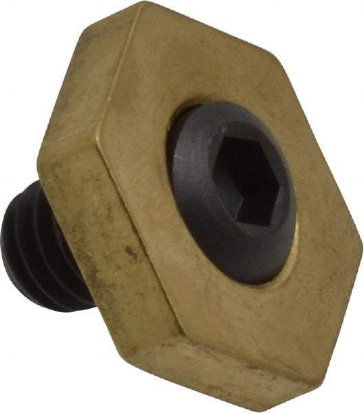 Mitee-Bite - 13/16" Brass Hex, 5/16-18 Stud Thread, Symmetrical Hex Clamp - 3/16" Hex Height, 800 Lb Holding Force, Hardened Steel Stud, 15/32" Long Thread, 8.3 Ft/Lb Torque, 12 Clamps - Caliber Tooling