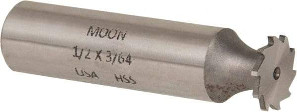 Made in USA - 1/2" Diam x 3/64" Face Width, High Speed Steel, 12 Teeth, Shank Connection Woodruff Keyseat Cutter - Uncoated, 2-1/16" OAL x 1/2" Shank, Straight Teeth - Caliber Tooling