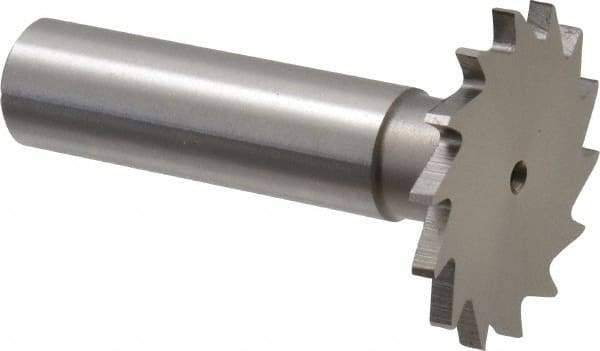 Made in USA - 1-1/4" Diam x 3/32" Face Width, High Speed Steel, 18 Teeth, Shank Connection Woodruff Keyseat Cutter - Uncoated, 2-3/16" OAL x 1/2" Shank, Straight Teeth - Caliber Tooling