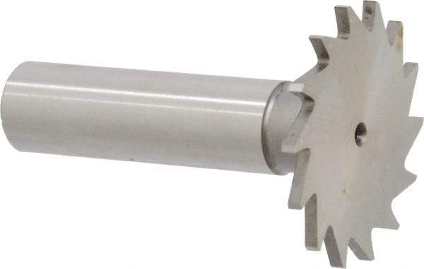 Made in USA - 1-3/8" Diam x 5/64" Face Width, High Speed Steel, 18 Teeth, Shank Connection Woodruff Keyseat Cutter - Uncoated, 2-1/4" OAL x 1/2" Shank, Straight Teeth - Caliber Tooling