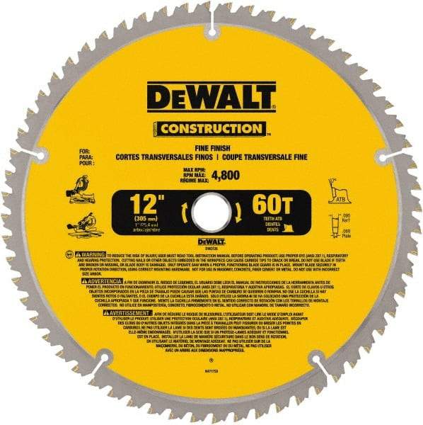 DeWALT - 12" Diam, 1" Arbor Hole Diam, 60 Tooth Wet & Dry Cut Saw Blade - Carbide-Tipped, Fine Finishing Action, Standard Round Arbor - Caliber Tooling