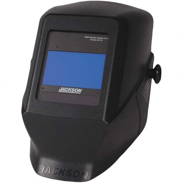 Jackson Safety - 5" Window Width x 4" Window Height, 9 to 13 Shade Auto-Darkening Lens, Fixed Front Welding Helmet - Black Plastic Blue Lens - Caliber Tooling