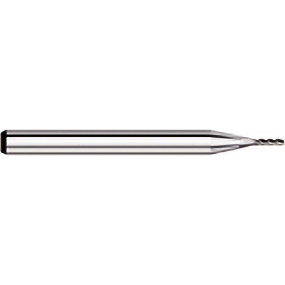 Corner Radius End Mill: 0.02″ Dia, 0.06″ LOC, 0.005″ Radius, 4 Flutes, Solid Carbide 1-1/2″ OAL, 1/8″ Shank Dia, 30 ° Helix, Bright/Uncoated, Corner Radius End, Centercutting