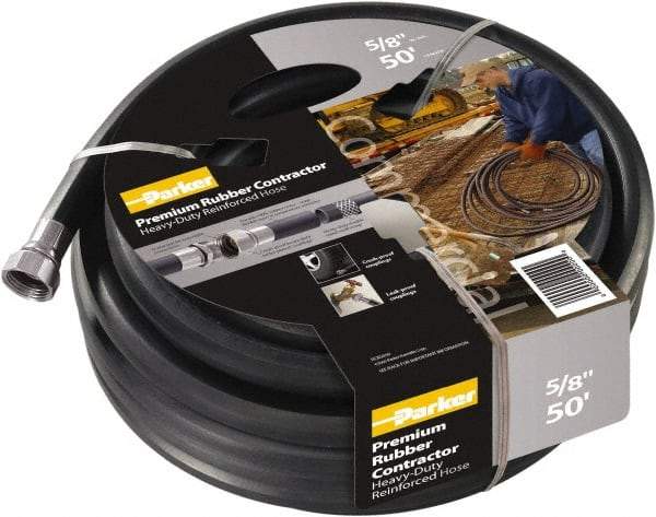 Parker - 100' Long Water Hose - 5/8" Diam, 3/4" GHT, Rubber, 125 psi, Black - Caliber Tooling