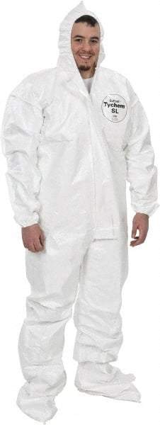 Dupont - Size 3XL Saranex Chemical Resistant Coveralls - White, Zipper Closure, Elastic Cuffs, Open Ankles, Bound Seams - Caliber Tooling