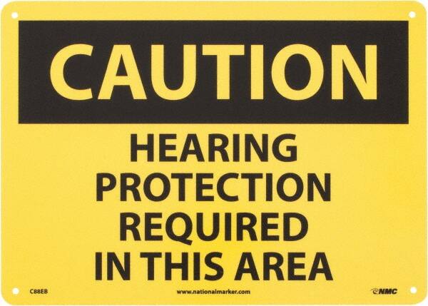 NMC - "Caution - Hearing Protection Required in This Area", 10" Long x 14" Wide, Fiberglass Safety Sign - Rectangle, 0.095" Thick, Use for Accident Prevention - Caliber Tooling