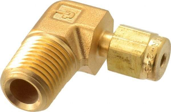 Parker - 1/8" OD, Brass Male Elbow - 3,600 Max Working psi, 9/16" Hex, Comp x MNPT Ends - Caliber Tooling