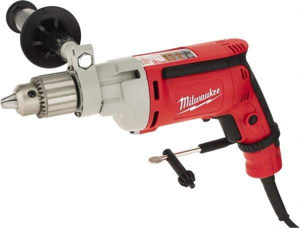 Milwaukee Tool - 1/2" Keyed Chuck, 850 RPM, Pistol Grip Handle Electric Drill - 8 Amps, 120 Volts, Non-Reversible, Includes 1/2" Magnum Drill, Chuck Key with Holder, Side Handle - Caliber Tooling