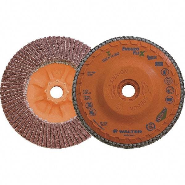 WALTER Surface Technologies - 60 Grit, 4-1/2" Disc Diam, 5/8-11 Center Hole, Zirconia Alumina Flap Disc - 13,300 Max RPM, Plastic Backing, Arbor Attaching System, Coated - Caliber Tooling