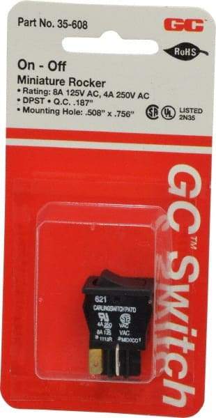 GC/Waldom - DPST, Maintained (MA), On-None-Off Sequence, Miniature Rocket Switch - 8 Amps at 125 Volts, 4 Amps at 250 Volts, Quick Connect & Solder, Panel Mount - Caliber Tooling