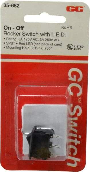 GC/Waldom - SPST, Maintained (MA), On-Off Sequence, Lighted Miniature Rocket Switch - 5 Amps at 125 Volts, 3 Amps at 250 Volts, Quick Connect & Solder, Panel Mount - Caliber Tooling