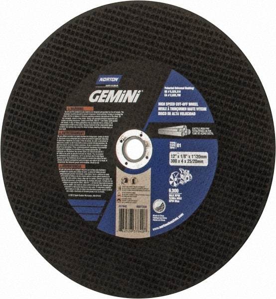 Norton - 12" 24 Grit Aluminum Oxide/Silicon Carbide Blend Cutoff Wheel - 1/8" Thick, 1" Arbor, 6,360 Max RPM, Use with Electric & Gas Powered Saws - Caliber Tooling