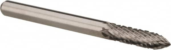 Atrax - 1/8" Cut Diam, 1/8" Shank Diam, Tree Head Double Cut Burr - Carbide, Point End, 1/2" LOC, 1-1/2" OAL - Caliber Tooling