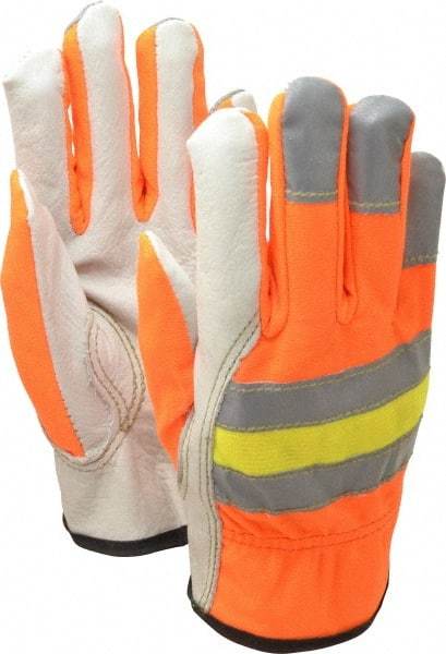 MCR Safety - Size S (7) Grain Cowhide General Protection Work Gloves - For Work & Driver, Uncoated, Slip-On Cuff, Full Fingered, Cream/Brown/Orange, Paired - Caliber Tooling